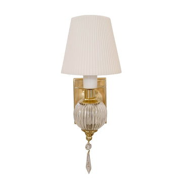 Fabric cone shade, ribbed glass globe with crystal brass wall lamp