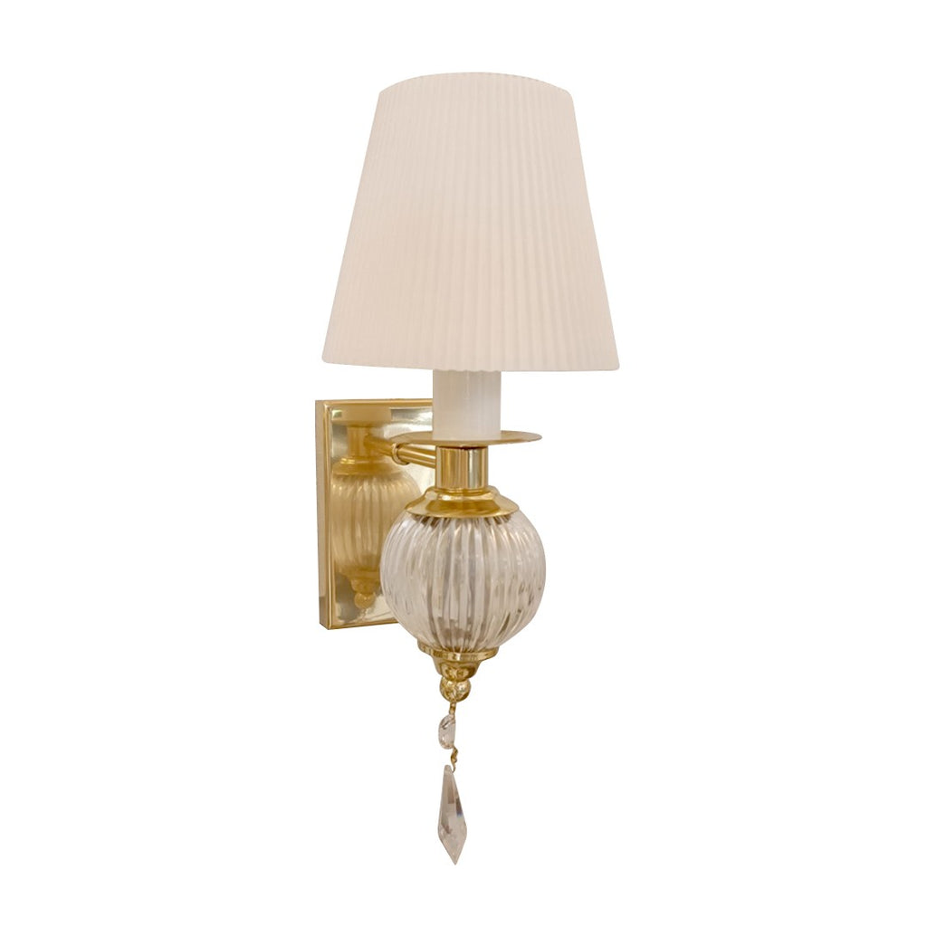 Fabric cone shade, ribbed glass globe with crystal brass wall lamp