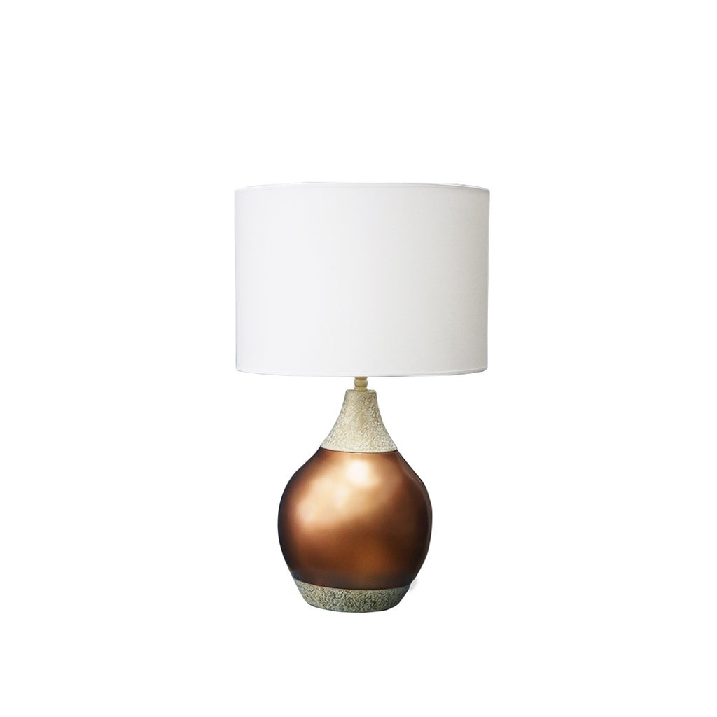 Round wood in copper and beige finish table lamp