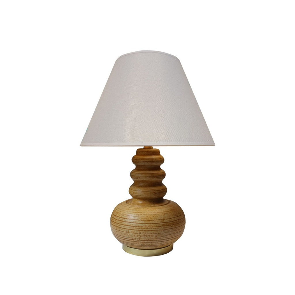 Wood carved stout curvy pot table lamp with beige and orange streaks