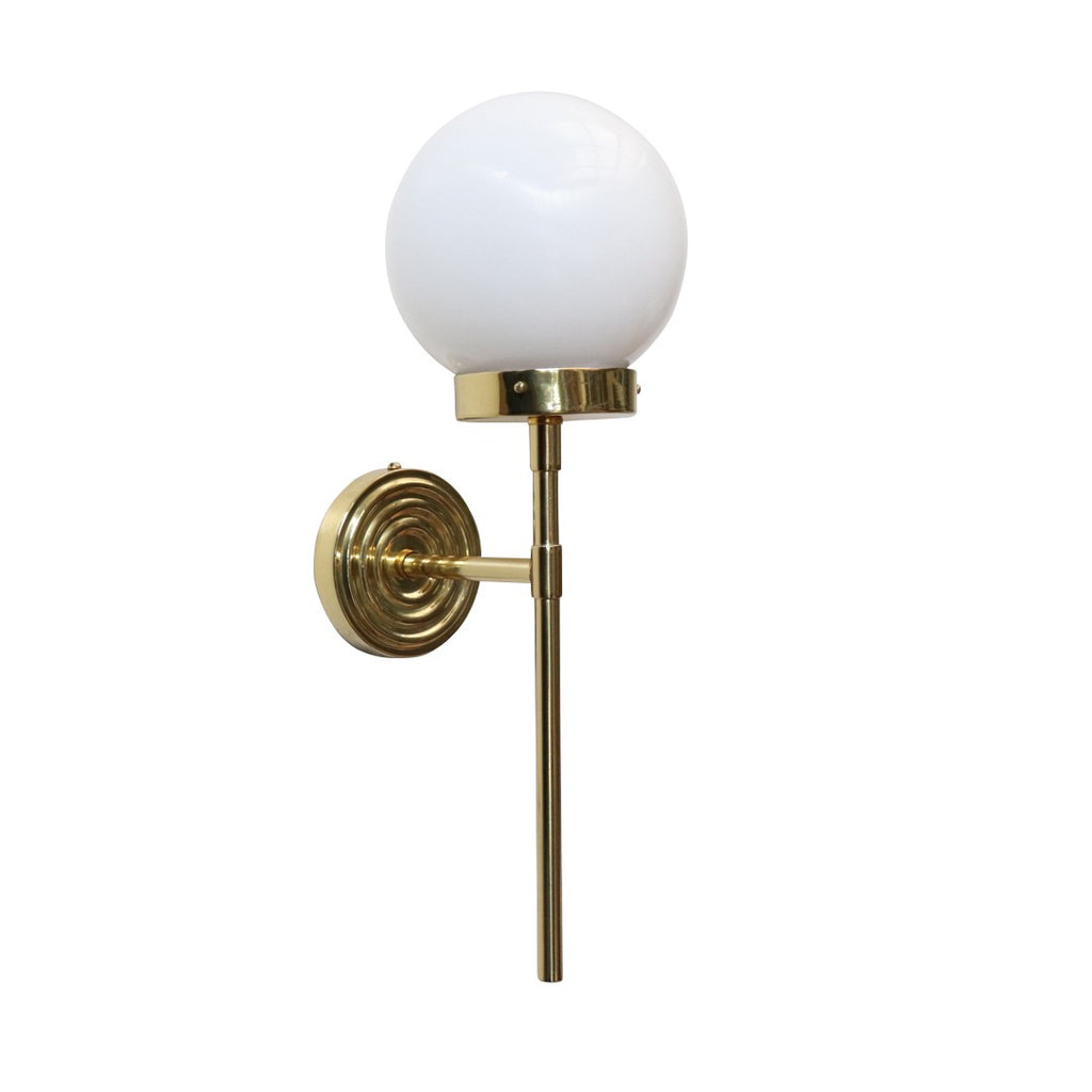 Mid-century brass wall lamp with glass globe diffuser