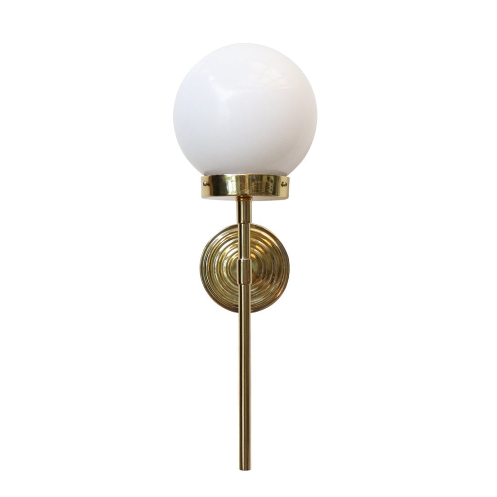 Mid-century brass wall lamp with glass globe diffuser