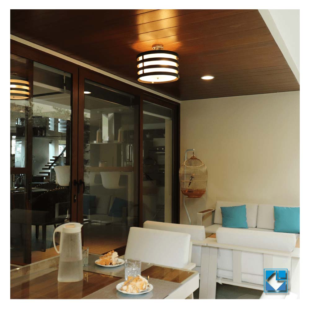 A wooden ceiling lamp with horizontal panels for country homes 