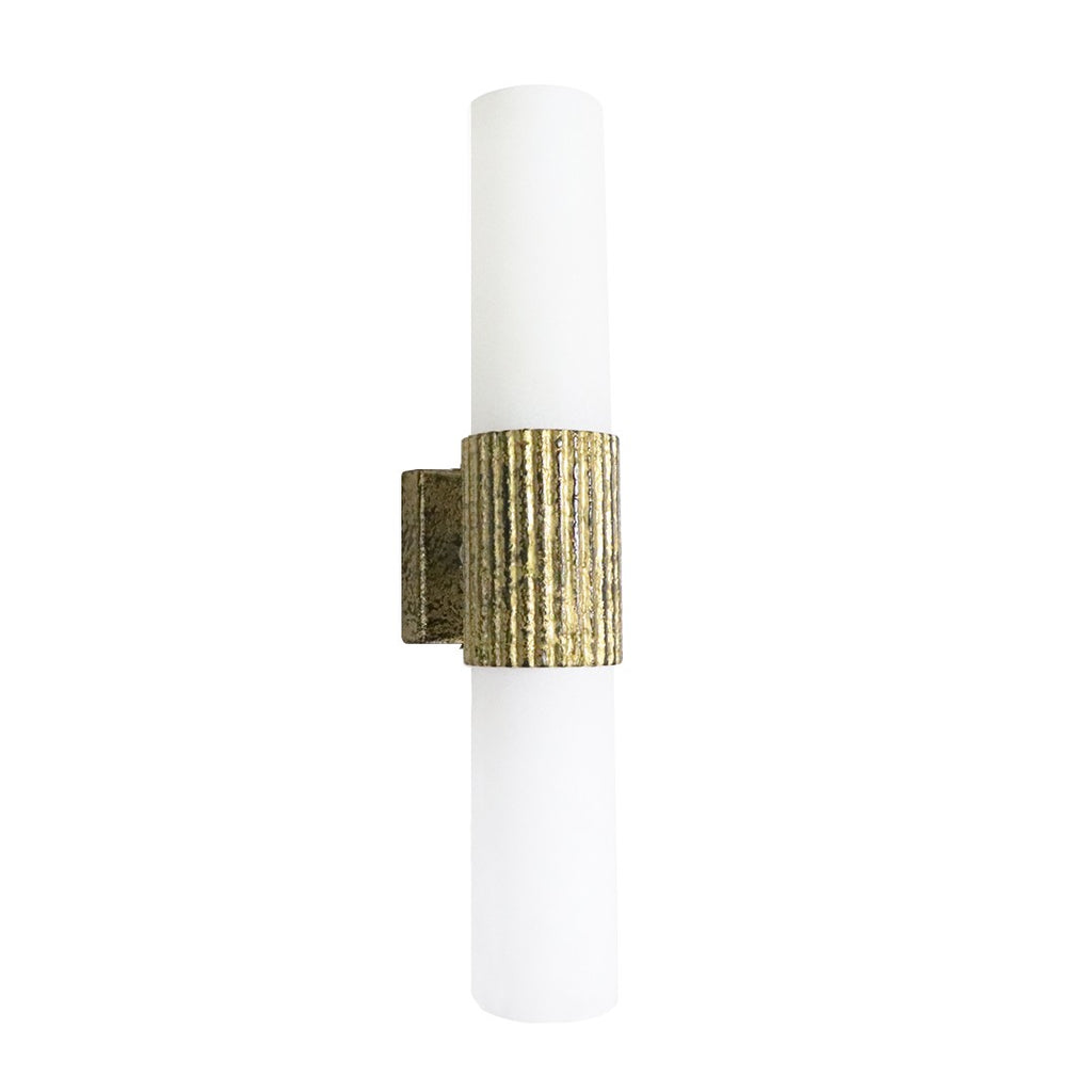 Narrow ribbed cylindrical metal and acrylic wall lamp in gold and black