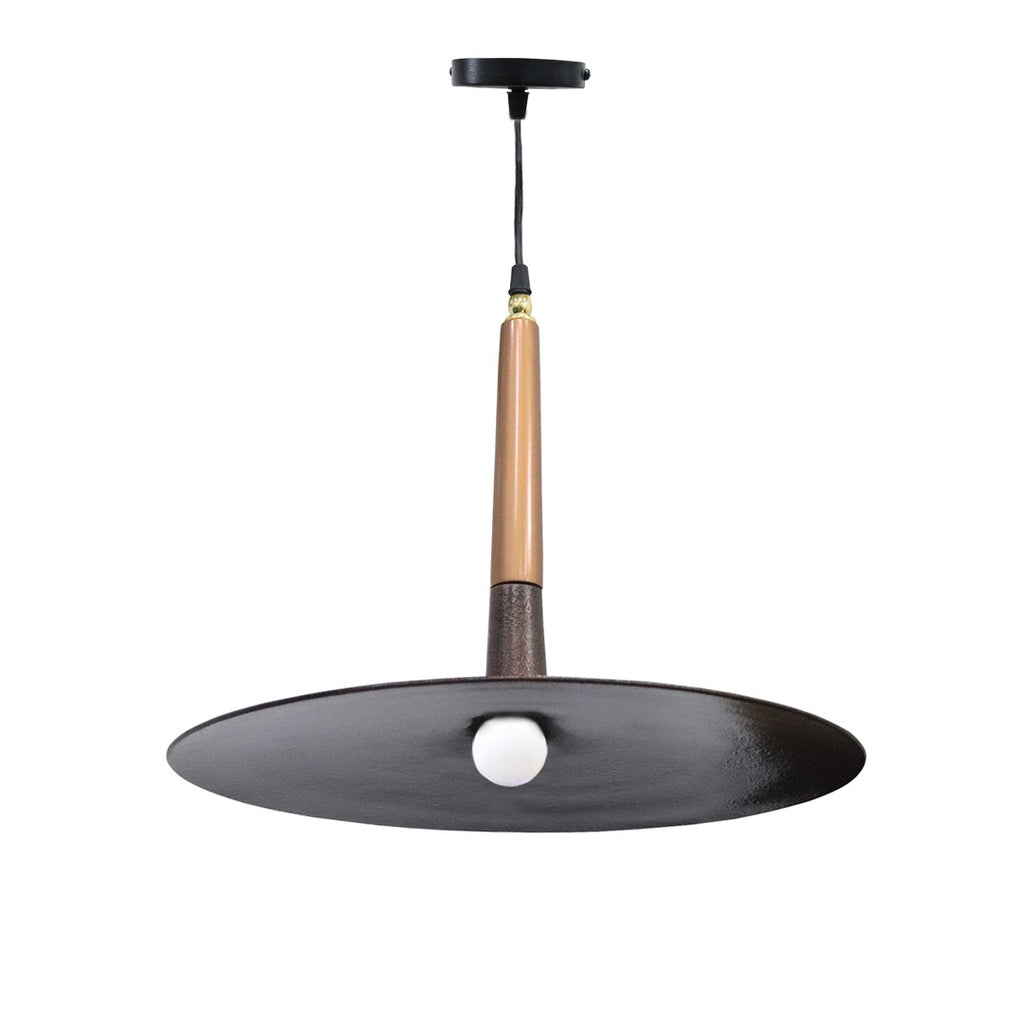 Disc-shaped flat hanging lamp in copper and textured black finish
