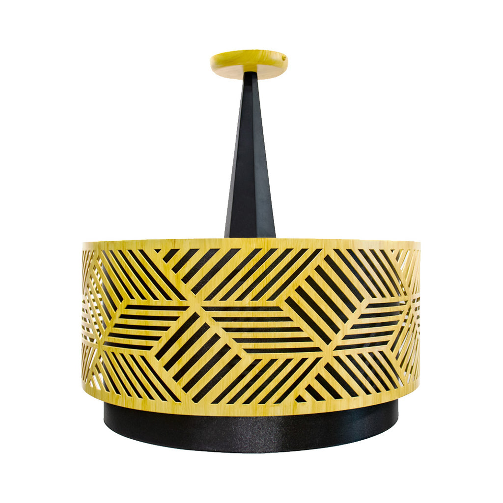 An edgy hanging lamp with a black body and wooden geometric accents