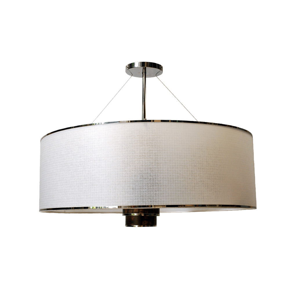 A shade hanging lamp with wooden accents for high ceiling homes
